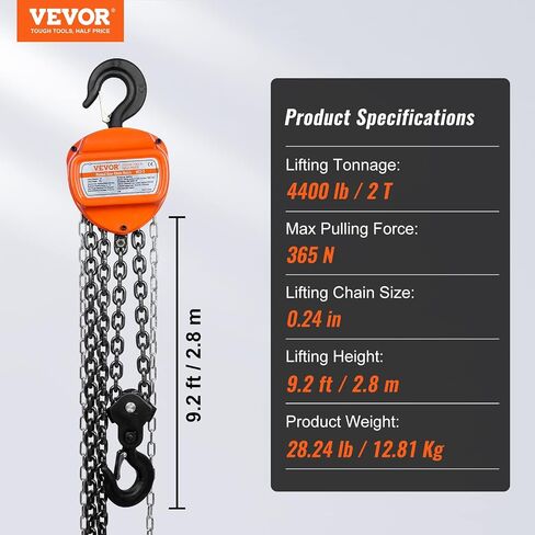 VEVOR Hand Chain Hoist 1/2 Ton 10 FT Come Along, 1100 lbs Capacity G80 Galvanized Carbon Steel with Double-Pawl Brake, Auto Chain Leading & 360° Rotation Hook, for Garage Factory Dock in Saudi Arabia