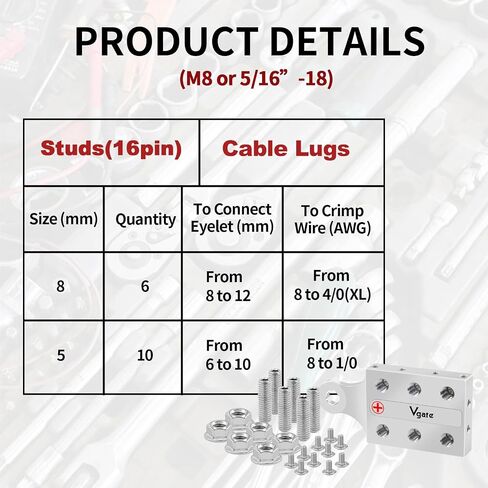Vgate Battery Terminal Connector，16-Way Post Terminal Ends Distribution Block Bus Bar, 8AWG up to 4/0(XL) AWG Gauge, for Lithium or AGM Lead Acid Battery, M8 or 5/16"-18 in Kuwait