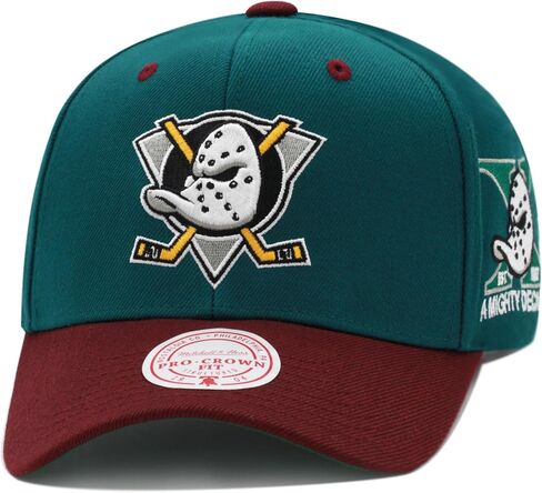 Mitchell & Ness Anaheim Mighty Ducks NHL Mighty Decade Low Pro Precurved Vintage Snapback Hat Cap - Dark Green in Saudi Arabia
