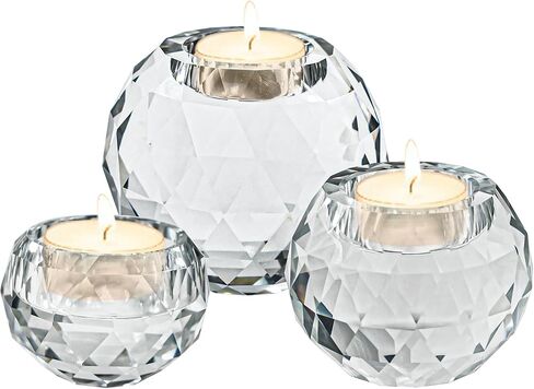حامل شموع كريستال من MrMrMrKura لشمعة Tealight، مجموعة حامل شموع زجاجية كريستالية شفافة مكونة من 3 قطع، حاملات شموع دائرية كريستالية ديكور كروي للمنزل، ديكورات الزفاف in Kuwait
