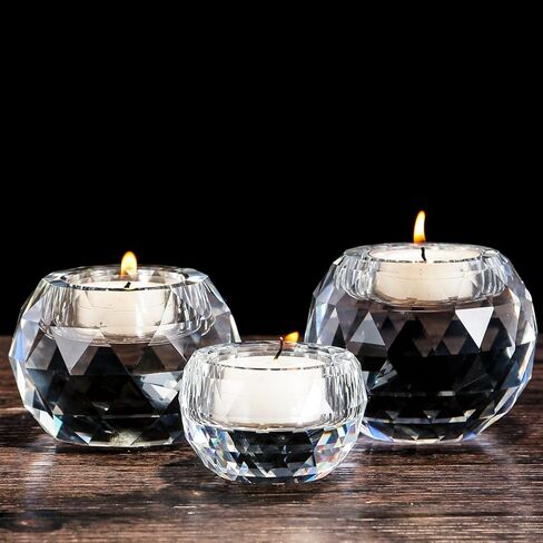 حامل شموع كريستال من MrMrMrKura لشمعة Tealight، مجموعة حامل شموع زجاجية كريستالية شفافة مكونة من 3 قطع، حاملات شموع دائرية كريستالية ديكور كروي للمنزل، ديكورات الزفاف in Kuwait