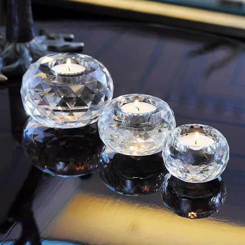 حامل شموع كريستال من MrMrMrKura لشمعة Tealight، مجموعة حامل شموع زجاجية كريستالية شفافة مكونة من 3 قطع، حاملات شموع دائرية كريستالية ديكور كروي للمنزل، ديكورات الزفاف in Kuwait