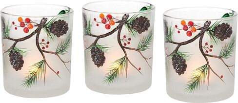 Pavilion Gift Company Holiday Winter Berry & Pine Cone White Frosted Set of Three Tealight Holders, Red in Saudi Arabia