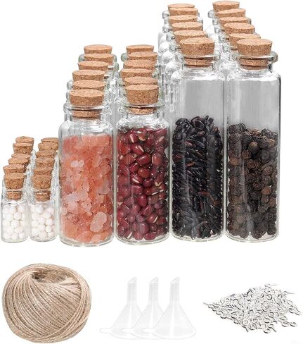 80PCS Mini Glass Bottles with Corks 50pcs 1.5ml and 12pcs 14ml and 18pcs 25ml(120pcs Eye Screws,30 Meters Twine and 3pcs Funnel) in Saudi Arabia
