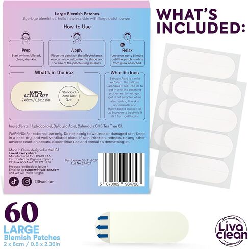 رقعة LivaClean 50 قيراط كبيرة لحب الشباب الغرواني المائي - لبقع المسام والأنف والوجه والبثور الكيسي ZIT - رقع بثرة كبيرة وضمادات غروانية مائية وشرائط وملصقات بثرة ورقعة حب الشباب الكبيرة مقاس XL in Kuwait