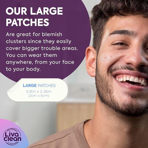 رقعة LivaClean 50 قيراط كبيرة لحب الشباب الغرواني المائي - لبقع المسام والأنف والوجه والبثور الكيسي ZIT - رقع بثرة كبيرة وضمادات غروانية مائية وشرائط وملصقات بثرة ورقعة حب الشباب الكبيرة مقاس XL in Kuwait