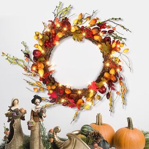 Artificial Fall Wreath 20 Inch, 20 LED Lights Autumn Wreath for Front Door Timer Thanksgiving Wreaths with Colorful Berries for Wall Window Harvest Festival Celebration Indoor Outdoor Decoration