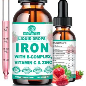 Liquid Iron Supplement w/Vitamin C, B-Complex, High Potency Iron Liquid w. Multivitamin, Vegan Iron Drops for Women, Kids, Chelate Liquid Iron Supplement for Anemia, Fatigue, Red Blood Cell Support