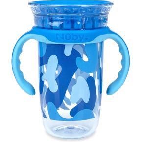 Nuby 360 Edge 2 Stage Drinking Rim Cup with Removable Handles & hygienic Cover: 10 Oz/ 300 Ml, 12M+, Camo, Blue (80807)