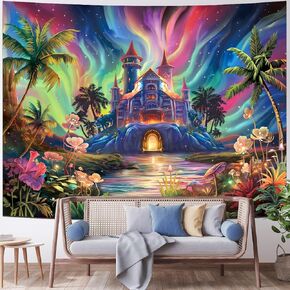 Amtoodopin Galaxy Space Tapestry for Bedroom Blacklight Castle Tapestry UV Reactive Floral Plants Tapestry Black Light Neon Wall Art Tapestry Colorful Sky Tapestry Wall Hanging for Home Decor