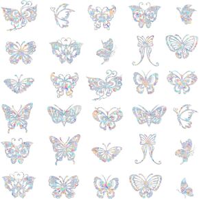 28 PCS Butterfly Window Decals for Bird Strikes - Anti-Collision Window Decals to Save Birds from Window Collisions,Non Adhesive Reusable Rainbow Prism Window Stickers