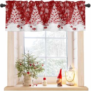 Christmas Tree Valance for Windows Red Xmas Tree Kitchen Curtains Valances Christmas Balls Snowflake Valance Window Treatments Short Curtains for Kitchen Living Room Bedroom Cafe Holiday Decor 42x12