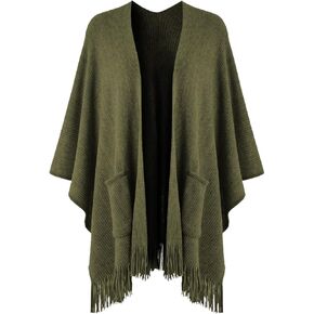 Women's Open Front Poncho Cape with Pockets Soft Knit Fringe Shawl Wrap