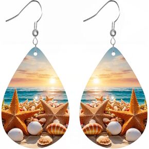 PU Leather Beach Earrings Double-sided Print Bohemian Summer Vocation Hawaii Earring for Women Lightweight Waterdrop Shaped Tropic Coconut Tree Sea Turtle Starfish Pattern Dangle Earrings