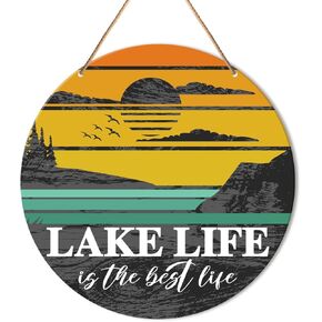 Lake House Wall Decor, Summer Country Lake Round Hanging Sign Decor Lake Life Wall Decoration Farmhouse Wood Sign for Home, Front Door, Housewarming Gift for Lake House, Lake Life Is The Best Life