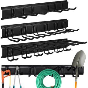 Mayouko 48 Inches Garage Tool Storage Rack, Garage Garden Storage Organizer Wall Mount, 16" x 3 Racks, Yard Shovel Rack Holder for Hanging Landscaping Equipment, Ladders, Adjustable Hook