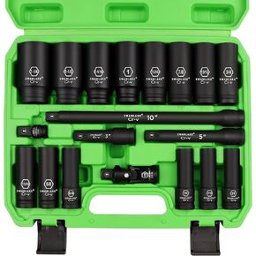 SWANLAKE 1/2" Impact Socket Set, 19-Piece 6 Point Impact Set,SAE (3/8-Inch to 1-1/14") Standard Impact Socket Set, Cr-V, Deep Socket Set 1/2 Drive