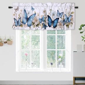 Valance Rod Pocket Curtain, Butterfly Pattern, Blue Butterflies Flower, 54x18 Inch (1Pcs), Kitchen Curtain