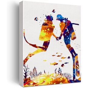 Scuba Diving Couple Watercolor Wall Art Scuba Diving Canvas Painting Prints for Home Office Wall Decor Framed Artwork Gifts(12x15)