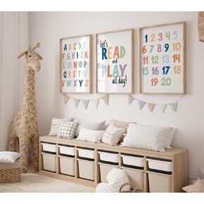 Pennclys Kids Playroom Wall Art Decor Alphabet Poster Play Room Wall Decor ABC Nursery Wall Art 123 Toddler Poster Let's Read for Boy Girl Room 16x24 Inch Unframed Set of 3