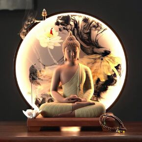 Sculpture of Shakyamuni Buddha Statue with Backflow Incense Burner, Tathagata Buddha Figurine Meditation Ornament of Enlightened One, Lotus Incense Holder， LED Light Ring Painting(BJRLAI001)
