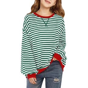 Haloumoning Girls Striped Crewneck Sweatshirt Kids Long Sleeve Oversized Fashion Pullover Tops Fall Clothes 5-14 Years