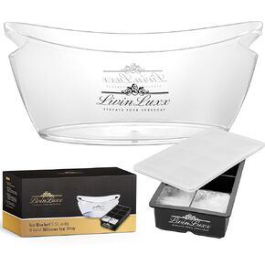 Acrylic Ice Bucket for Parties with Silicone Ice Cube Tray - Clear Champagne Bucket 5.5 Liter - Beverage Tub with Big Square Ice Cubes for Cold Drinks - Holds 3-5 Wine or Champagne bottles