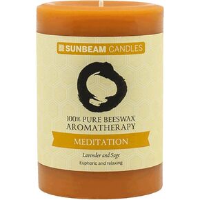 100% Pure Beeswax Meditation 3" x 4.25" Aromatherapy Pillar | Essential Oils of Lavender & Sage | 70-Hour Long Burning
