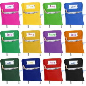 24 Pcs Small Chair Storage Pocket 14 Inch School Chair Bag Chairback Buddy Pocket Student Chair Pocket Chart Classroom Organizer with Name Tag for Primary School Chair up to 14'' Wide(Black)