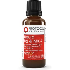 Protocol Liquid D3 & MK-7 - Bone Density & Immune System Supplement* - Liquid Vitamin D - for Teeth Health* - Vitamin D3 & K2 - Non-GMO, Kosher, Halal - 163 Servings - 1 fl oz