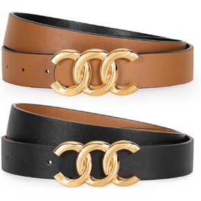 KASBAH Womens Reversible Leather Belt With Gold Buckle Two-in-One Ladies Waist Work Belt for Jeans Pants Dresses