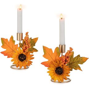 Romadedi Fall Candle Holder for Thanksgiving: Candlestick Holders Decor for Autumn Table Centerpiece Gold Party Decoration Indoor Kitchen Dining Fireplace Mantel Sunflower Maple Leaves Set of 2
