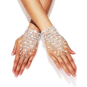 Fingerless Sparkle Gloves Rhinestone Silver Gloves Cosplay Adjustable Tassel Hand Chains Jewelry Party Accessories for Women and Girls