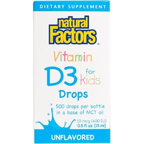 Natural Factors, Vitamin D3 Drops 400 IU (10 mcg) for Kids, Supports Strong Bones and Immune Function, 0.5 fl oz, 0.5 Oz