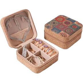 Travel Jewelry Box Women's Mini Jewelry Box Small Jewelry Organizer Exquisite Light Luxury Cork Jewelry Box Portable Travel Earring Ring Necklace Fashion Retro Jewelry Box (3)