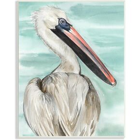 Stupell Industries White Coastal Pelican Watching Calm Water Sea Painting,Design by Jennifer Paxton Parker, Wall Plaque, 13 x 19