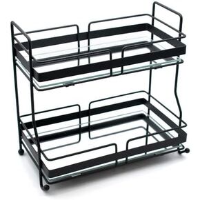 AQ Organizational 2-Tier Mirrored Home Storage Tray for Vanity, Dresser, Bathroom, or Kitchen Counter, Shelves Hold Beauty Products, Makeup, Perfume, Toiletries, Jewelry, Spices etc. - Matte Black