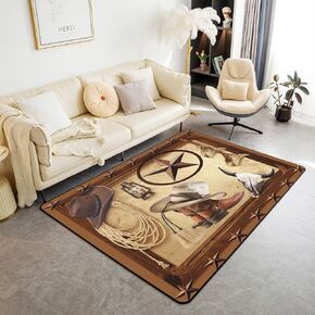 Western Cowboy Living Room Rugs for Girls Boys Kids Area Rug 5x7 Rustic Texas Star Decorative Carpet Room Decorations Cowboy Boots Indoor Floor Mat Horseshoes Vintage Accent Rug