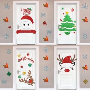 4 Sheets Christmas Stickers Decorations, Santa Claus Elk Christmas Tree Door Decorations Removable DIY Christmas Wall Stickers Christmas Door Stickers for Window Door Refrigerator Wall