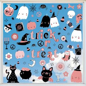 9 Sheets Halloween Cartoon Window Cling Stickers Cute Cartoon Groovy Ghost Boo Window Decals Pink Black Reusable Window Decor for Trick or Treat Party Home Office