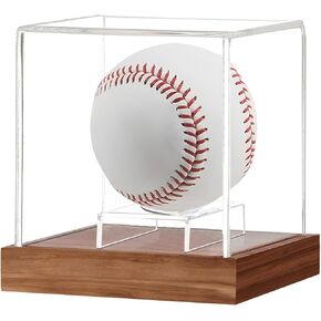 Baseball Display Case, Clear Baseball Holder with Wooden Base, Acrylic Baseball Case Display for Balls, UV Protected Cube Signed Baseball Display Box for Memorabilia Baseball Display, Brown