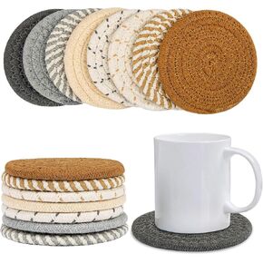 Woven Cotton Drink Coasters - MAQIHAN 8 PCS Woven Coasters for Drinks Hand Round Boho Coasters Fabric Coasters Drink Coasters Absorbent Coffee Coasters for Home Decor Farmhouse Drink Desk Coaster
