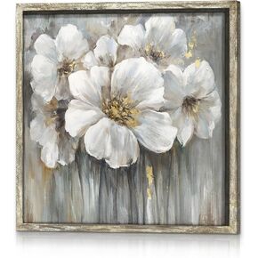 Flower Framed Wooden Wall Art - Modern Yellow Floral Painting Rustic Botanical Picture Artwork for Living Room Bedroom