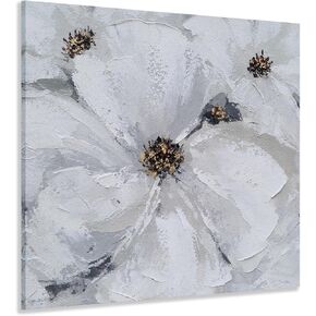 SYGALLERIER Abstract Flower Wall Art - Gray and White Floral Oil Painting with Gold Foil Embellishments - Handmade Canvas Wall Art 16x16 Inch