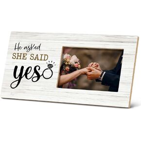 SRADMO He Asked and She Said Yes Picture Frame,Romantic Gifts 12×6 inch Wooden Tabletop Photo Frame for Couple,Wedding Valentines Engagement Gifts for Bride Groom Husband Wife Girlfriend Boyfriend