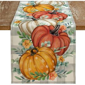 ARKENY Fall Grey Buffalo Plaid Pumpkin Table Runner 13x72 Inches, Thanksgiving Holiday Indoor Outdoor Table Decoration for Home