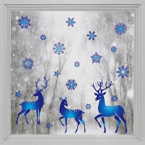 Alwayspon Christmas Static Window Film Privacy, Double Sided Snowflake Window Cling Sticker, Anti UV Glass Film for Christmas Decoration, Blue&White Deers T022