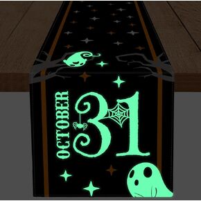 Halloween Luminous Table Runner Stripe Stars Funny Ghost October 31 Glow in The Dark Runner Farmhouse Holiday Home Party Kitchen Dining Table Noctilucent Decoration 13x72 Inch
