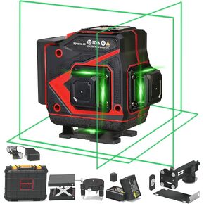 مستوى ليزر ذاتي التسوية - 3x360 شعاع أخضر أفقي عمودي 12 خطًا متقاطعًا - أداة بناء تسوية ليزر للبلاط لسقف الجدار الأرضي - علبة ذات جوانب صلبة وجهاز تحكم عن بعد in Kuwait
