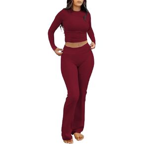 kaimimei Women's 2 Piece Lounge Outfits Slim Long Sleeve Tops High Waist Foldover Flare Leggings Sets Casual Yoga Sweatsuit Burgundy